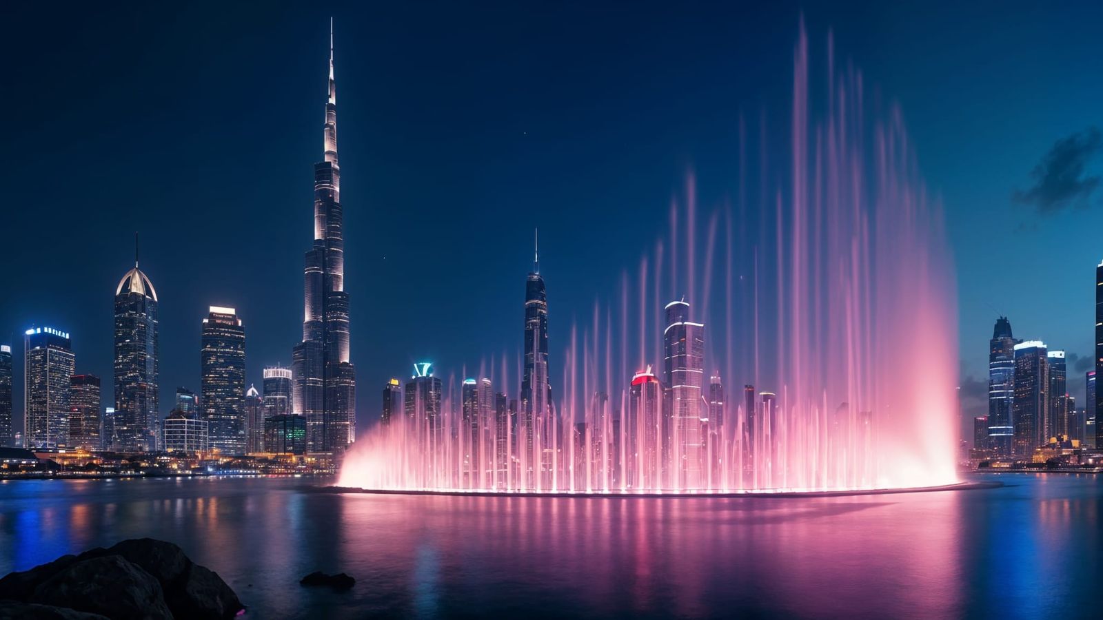 Dubai Skyline at Night with Illuminated Burj Khalifa