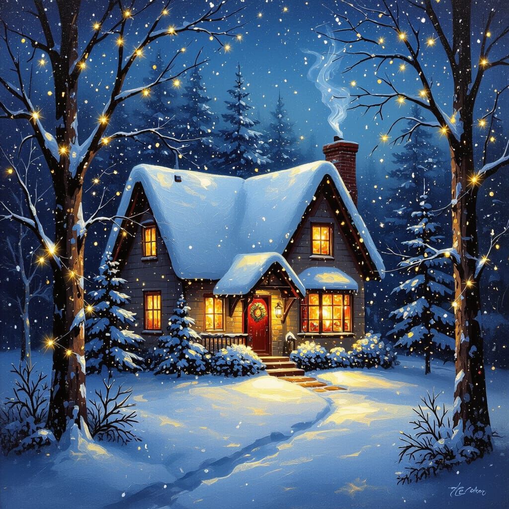 Cozy Snow-Dusted Cottage Christmas Painting