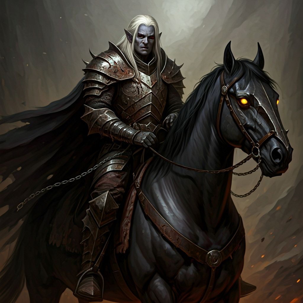 Drow Warrior on Black Steed with Rusted Armor
