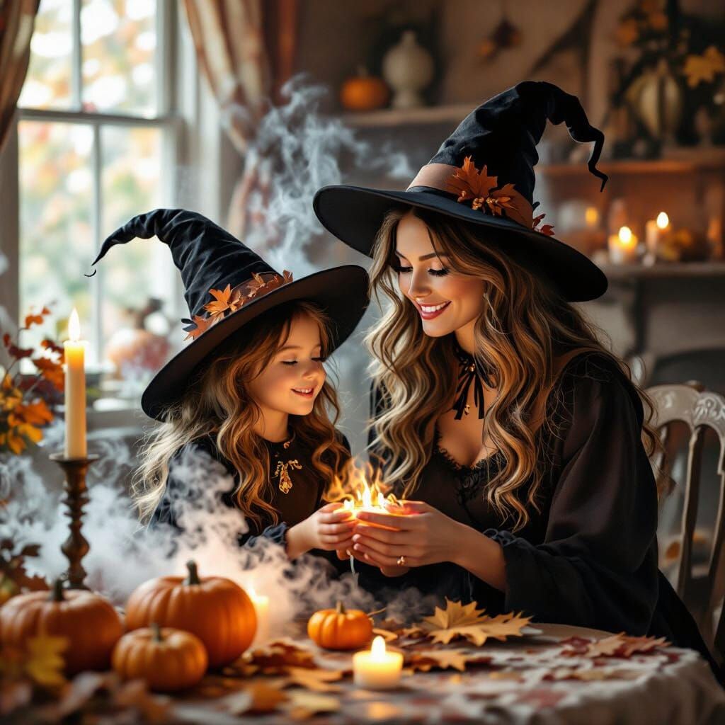 Mother and Daughter Witches Conjuring Magic in Cozy Parlor