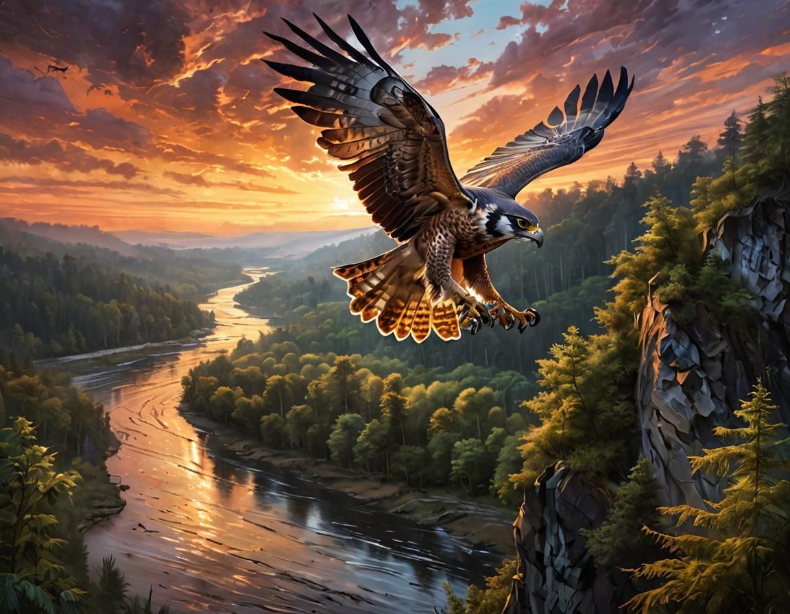 Falcon Soaring Over River Valley at Sunset