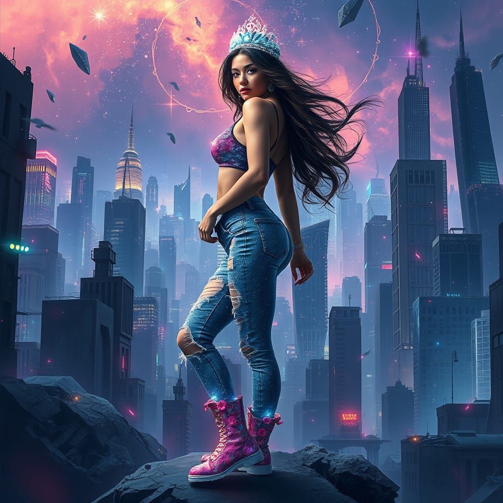 Cyberpunk Goddess Amidst Neon Ruins