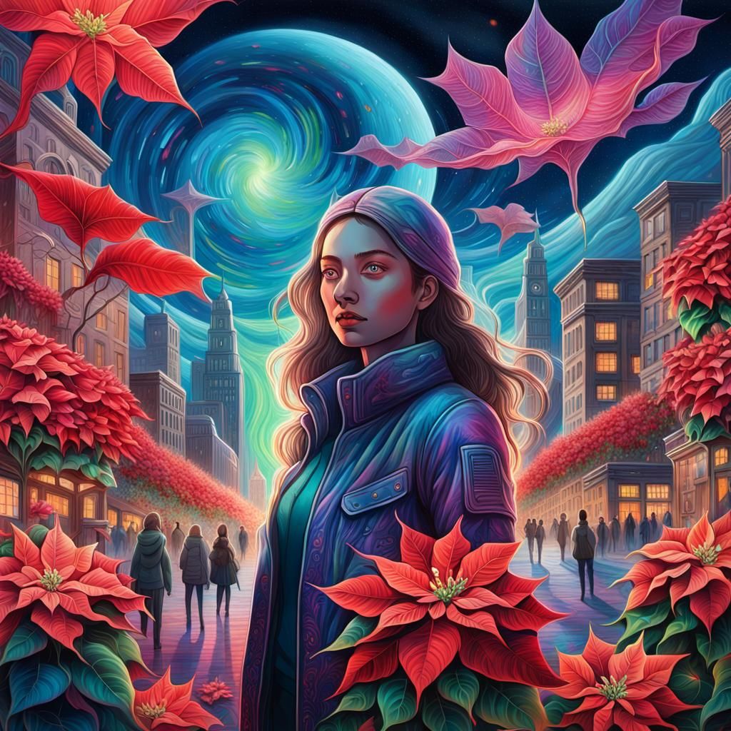 Cosmic Woman in Poinsettia City, Pablo Amaringo Style