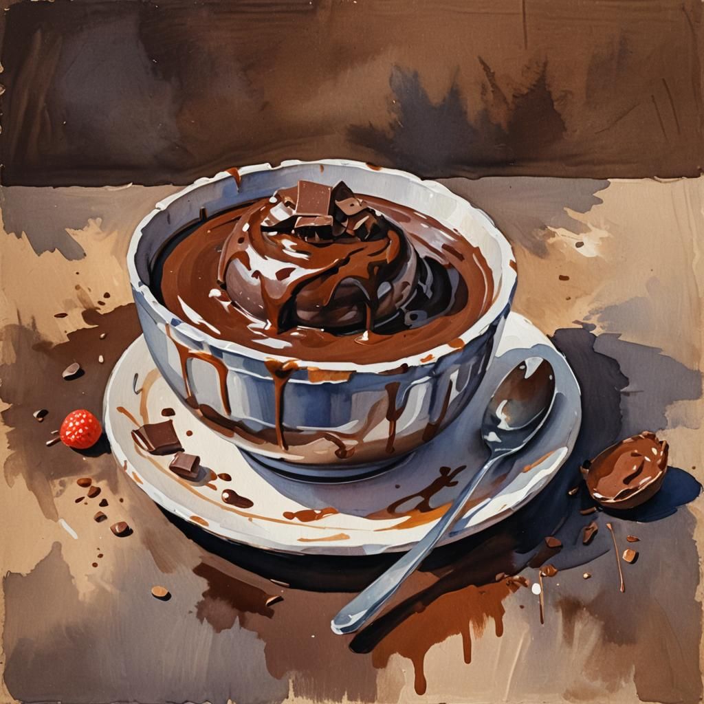 Chocolate Pudding Bowl in Gouache Watercolor Style
