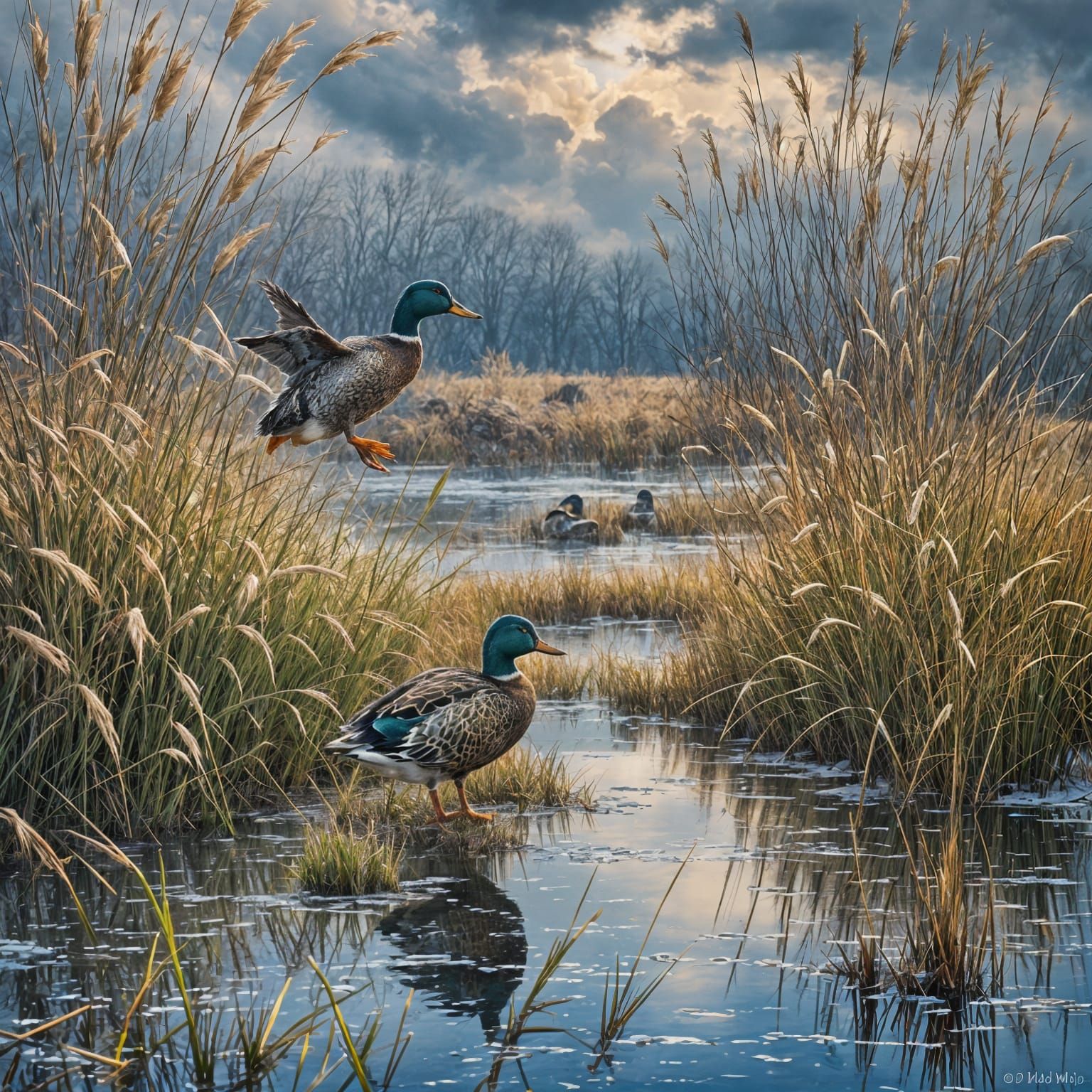Winter Marsh Landscape with Ducks in Flight