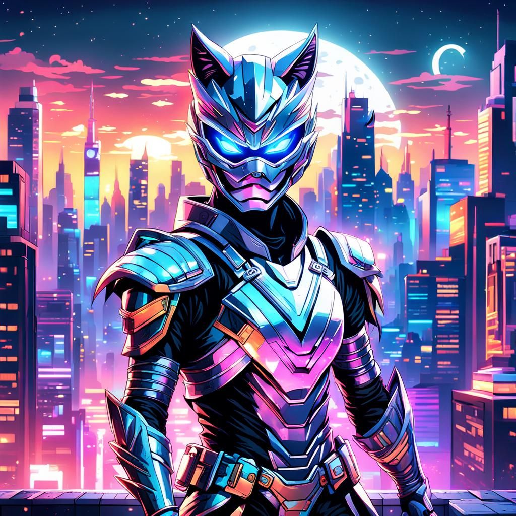 Cyberpunk Kitsune Power Ranger Victorious on Rooftop