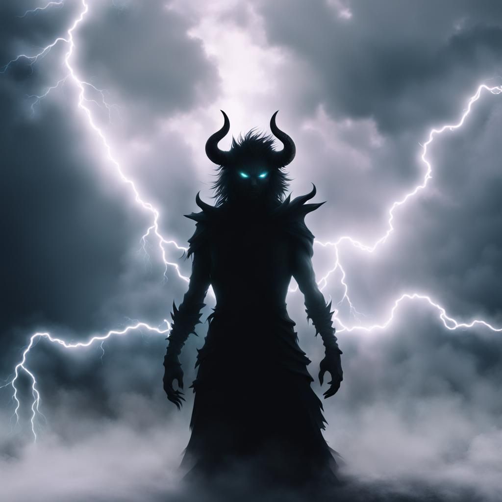 Demonic Silhouettes: Glowing Eyes in Lightning Storm