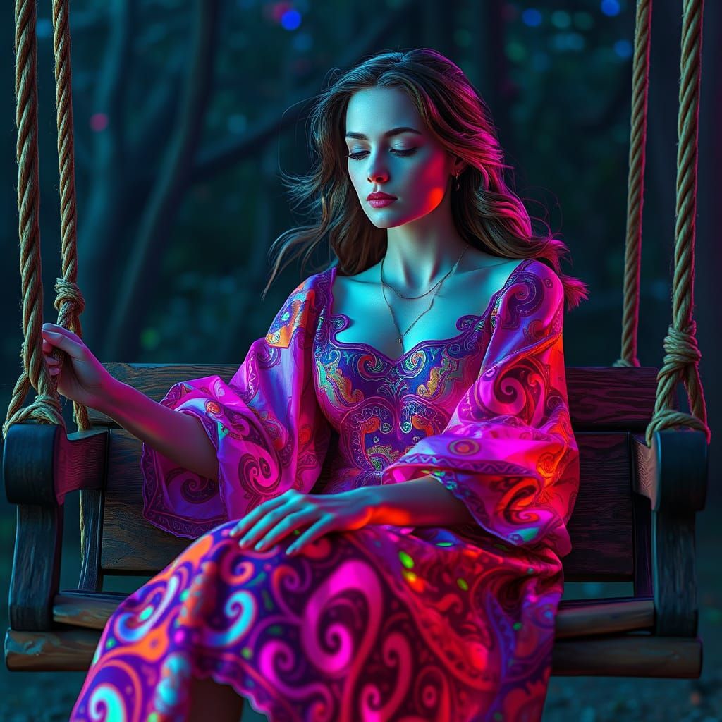 Ethereal Woman on Swing in Vibrant Surrealist Landscape