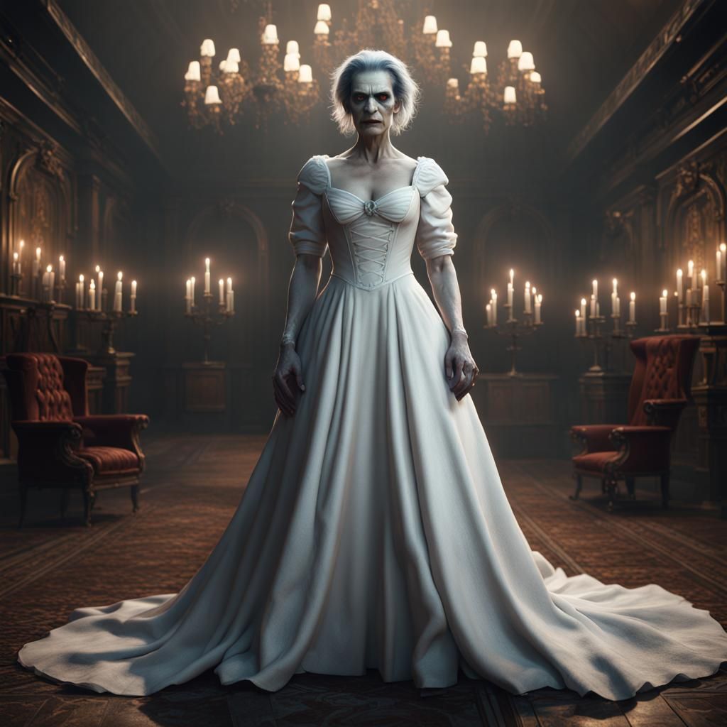 Female Frankenstein in White Gown: Detailed Matte Painting