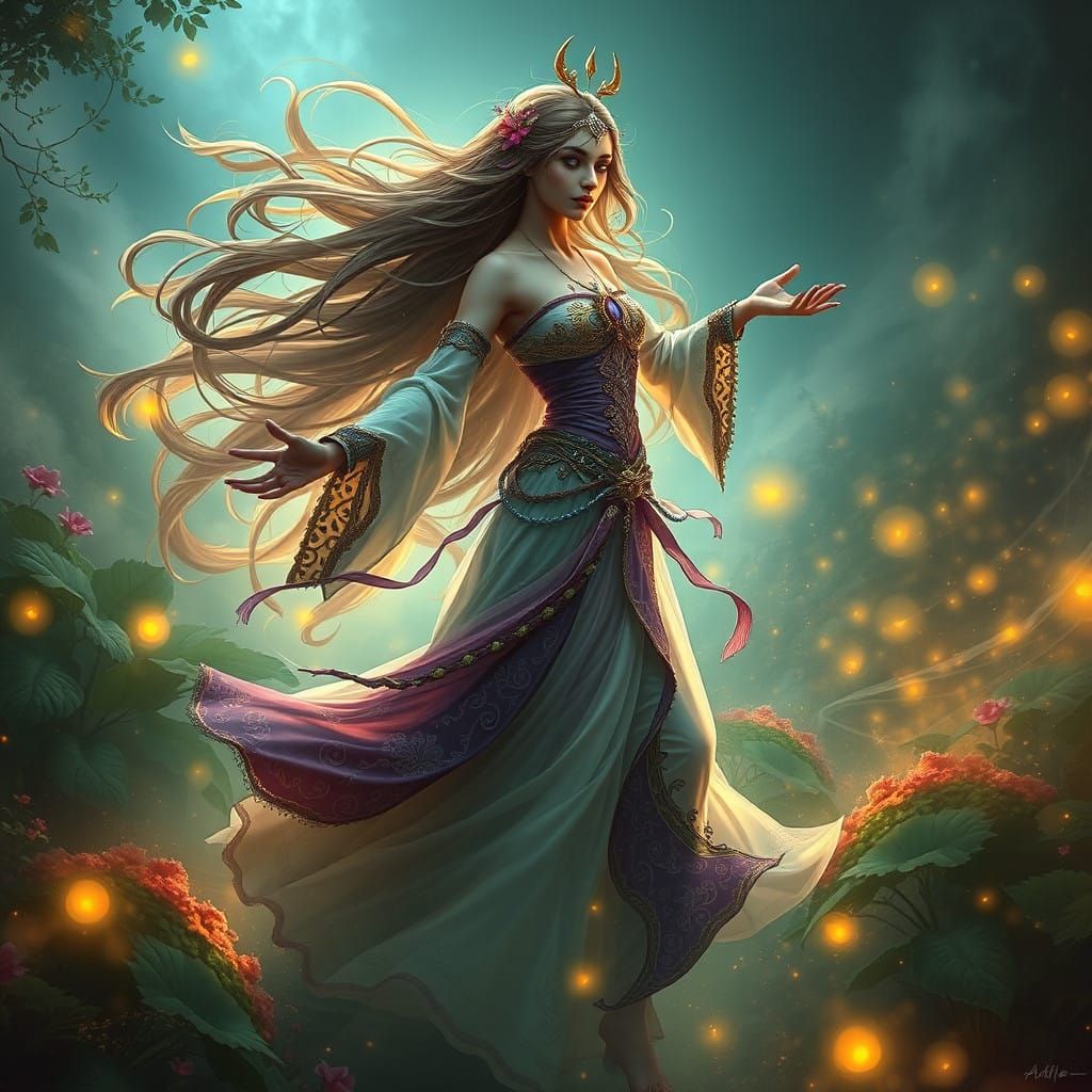 Mystical woman lost in dreamlike dance