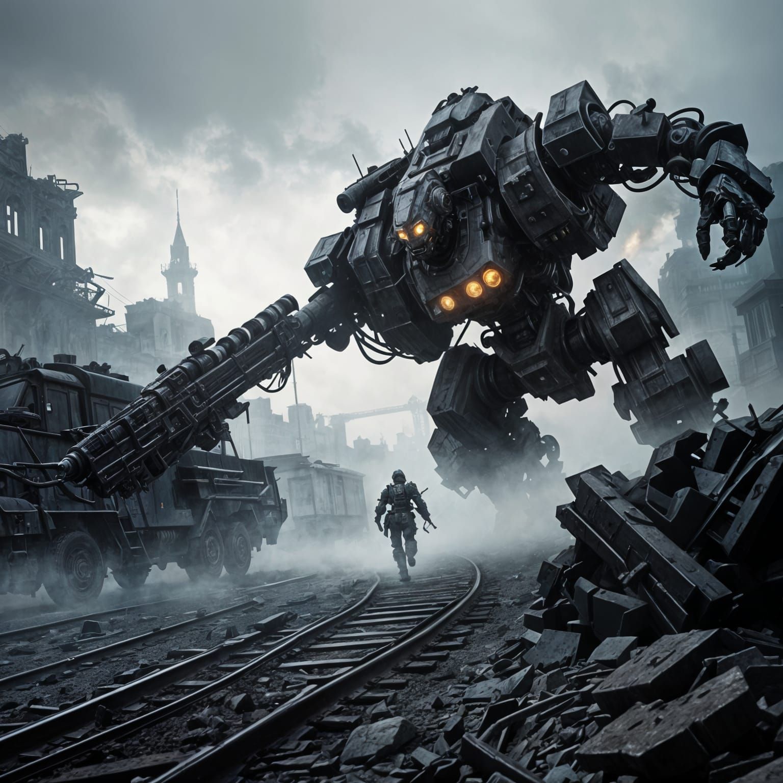 Cyberpunk Train Robot Fights in Misty Cityscape