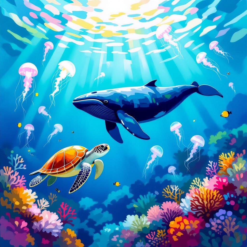 Underwater Scene with Whale and Turtle, Impressionist Style