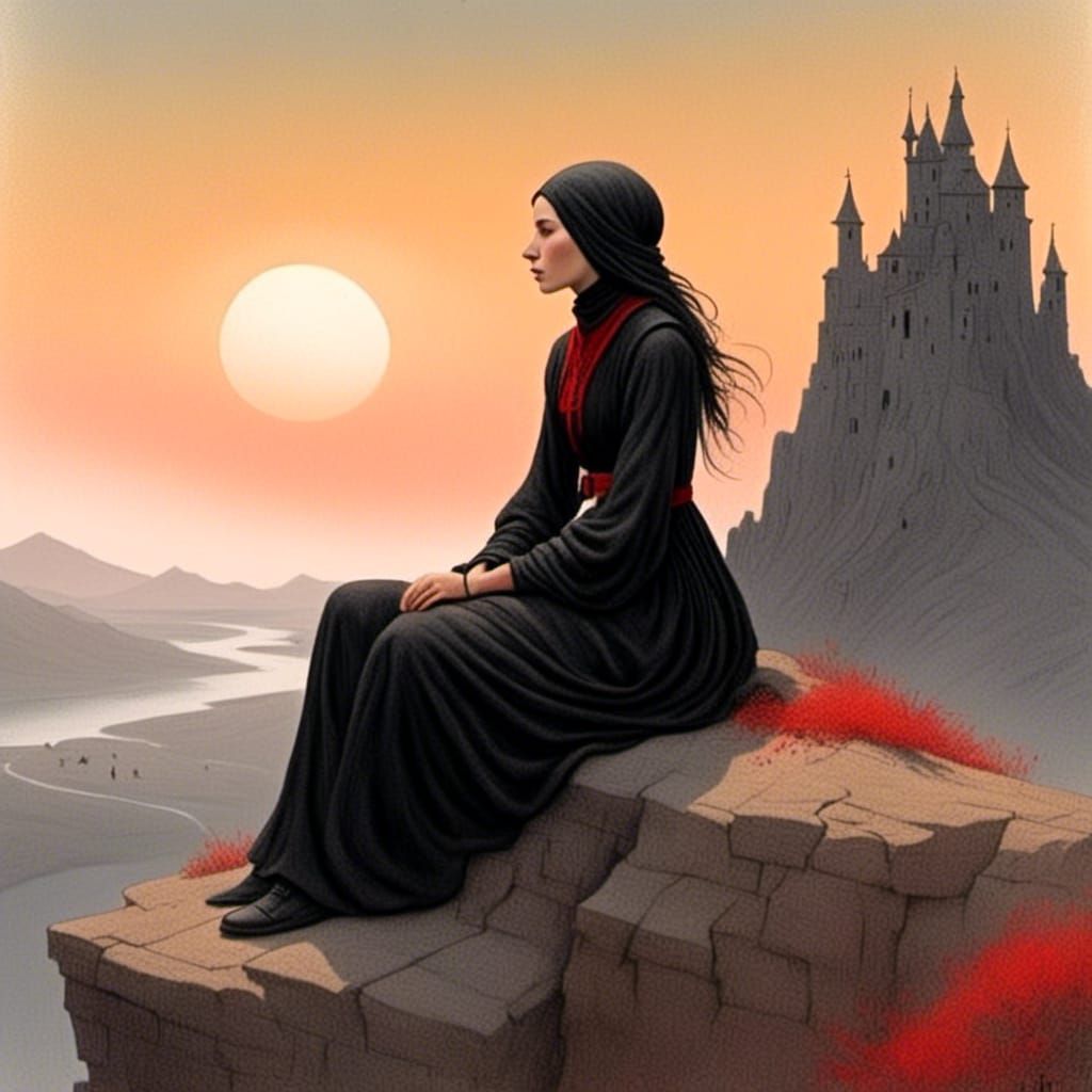 Pensive Woman at Sunset: Watercolor Digital Art