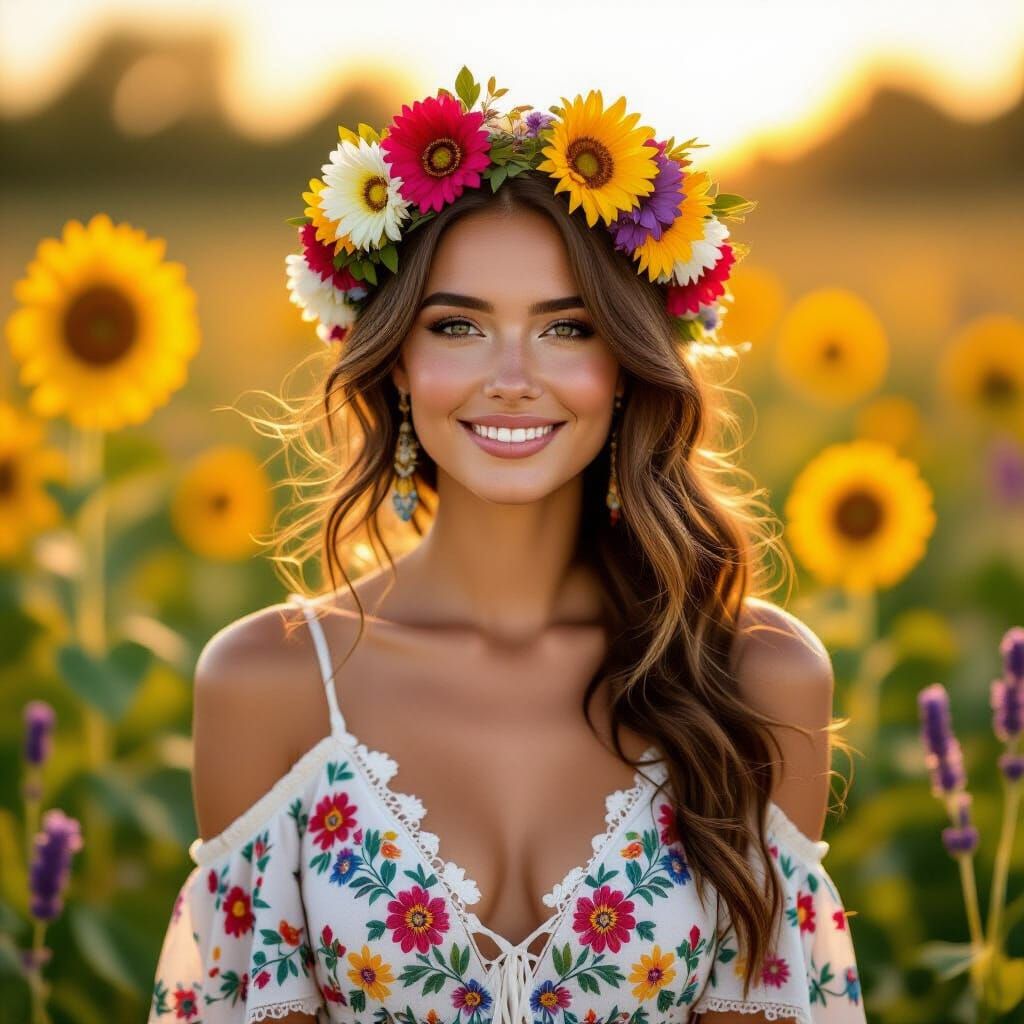 Bohemian Woman in Golden Hour Sunflowers and Lavender