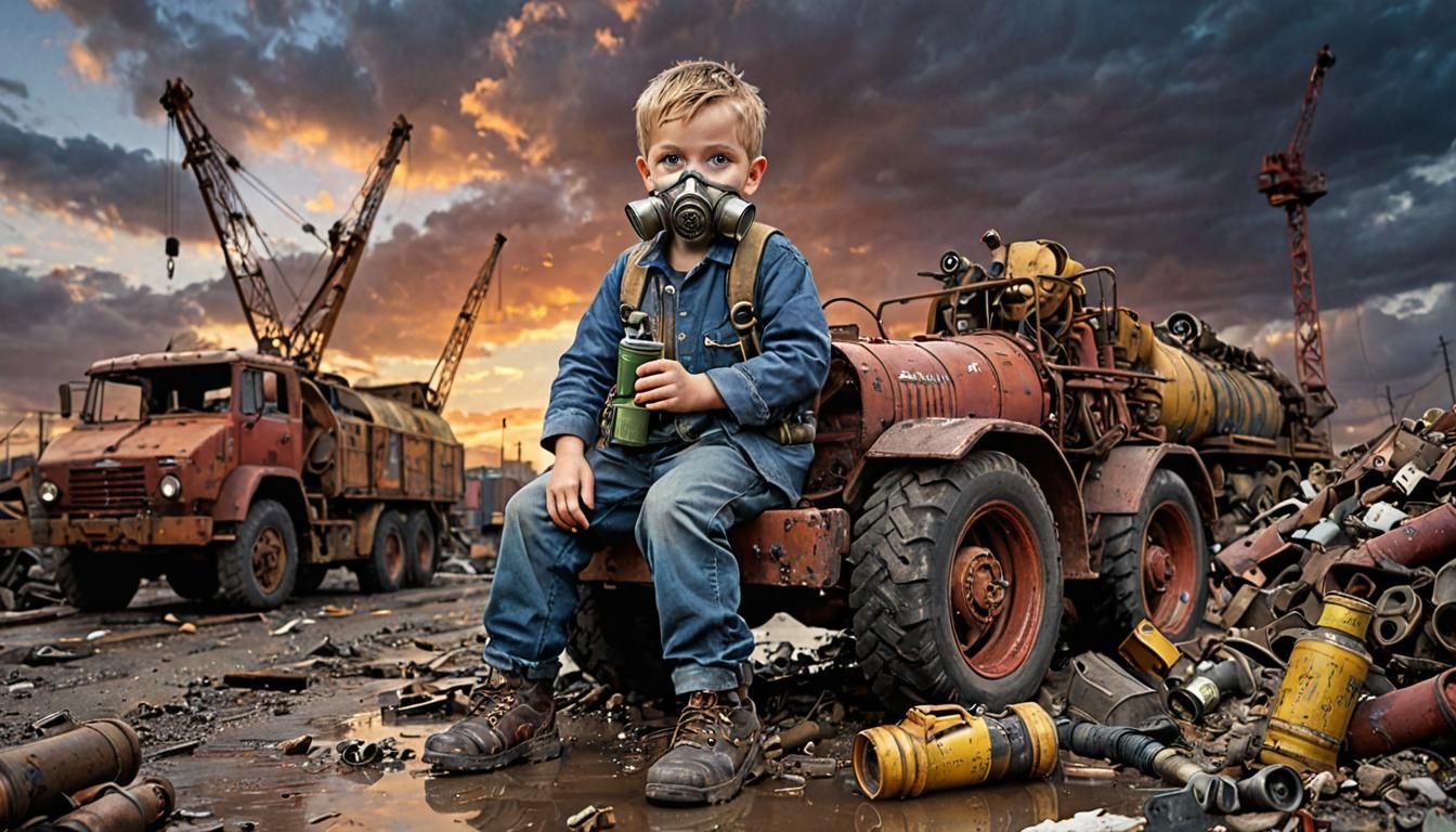 Grimdark Dieselpunk Port Scene with Child