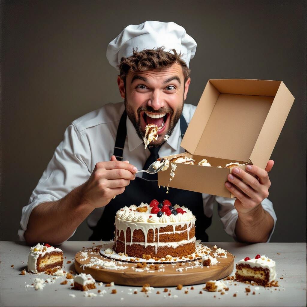 Photorealistic Delivery Driver Devouring Cake