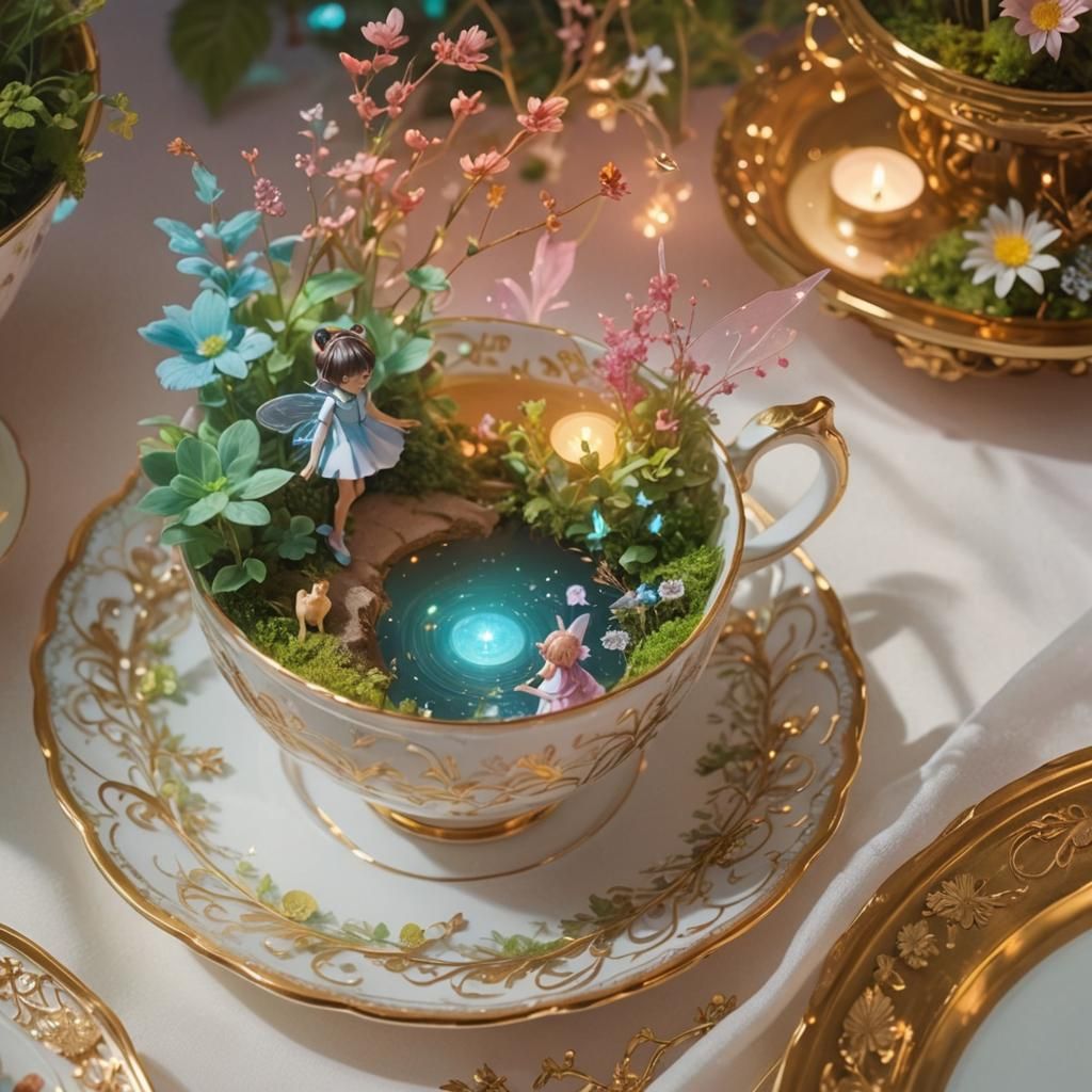 Fairytale Anime Scene in Teacup, Makoto Shinkai Style