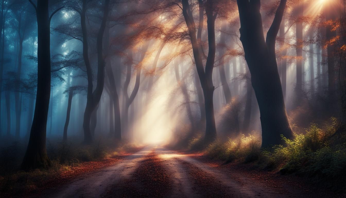 Mysterious Forest Path with Light Rays