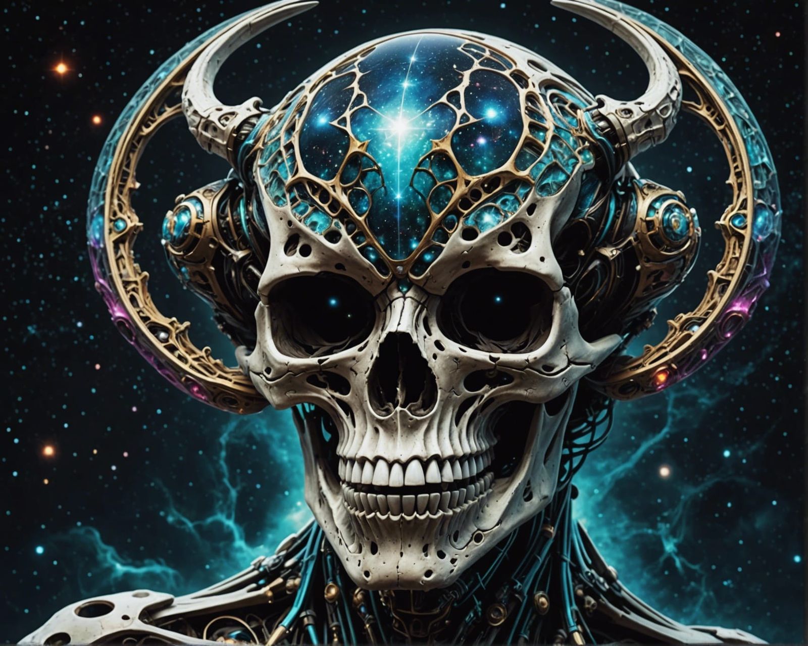 Vibrant Alien Skull in Cosmic Universe: Photorealistic