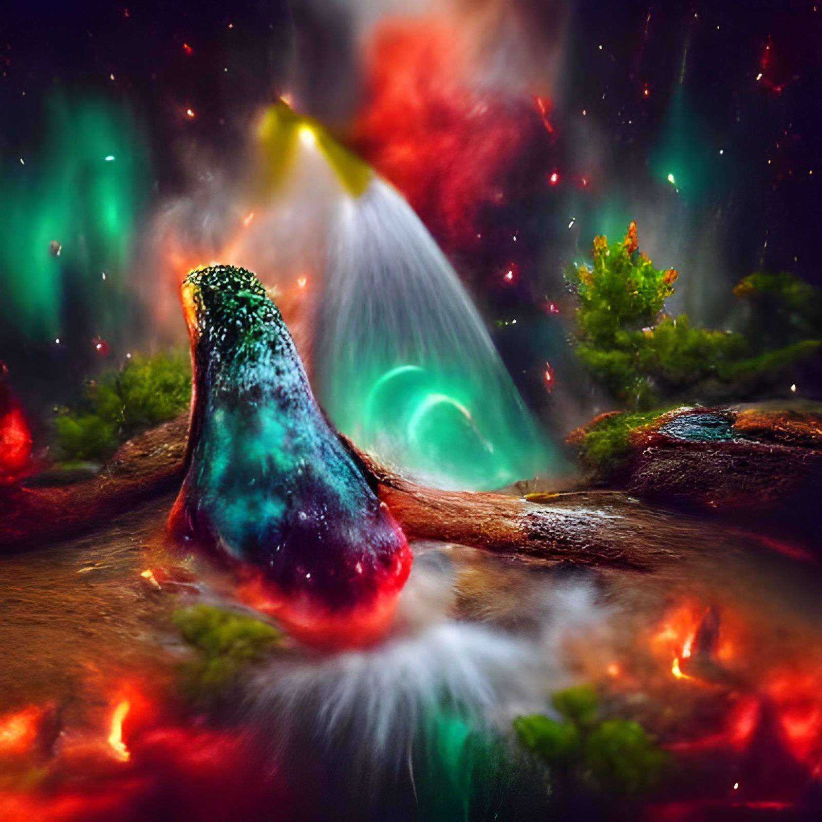 Nebula Geyser Erupts in Emerald Forest: Surreal Landscape