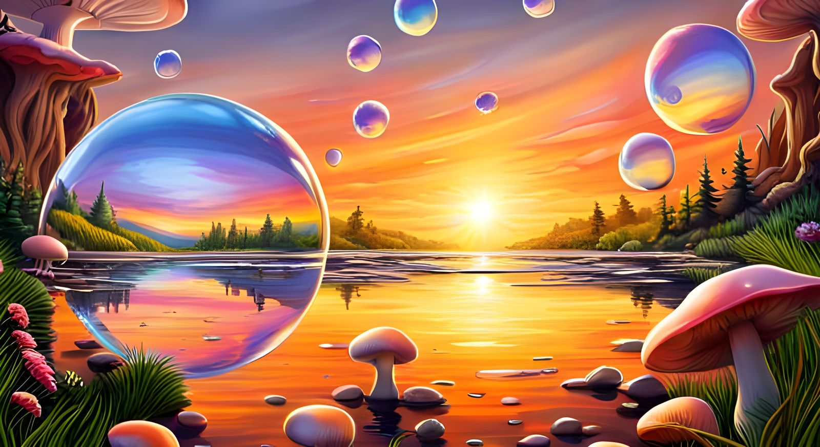 Iridescent Soap Bubble Orbs in a Fairy Landscape