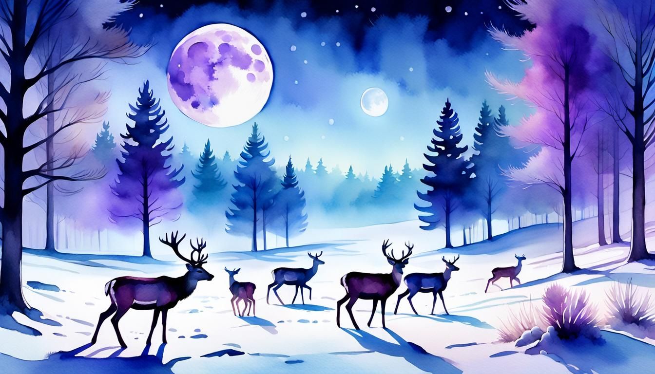 Deer in Moonlight: Naive Art Watercolor Meadow