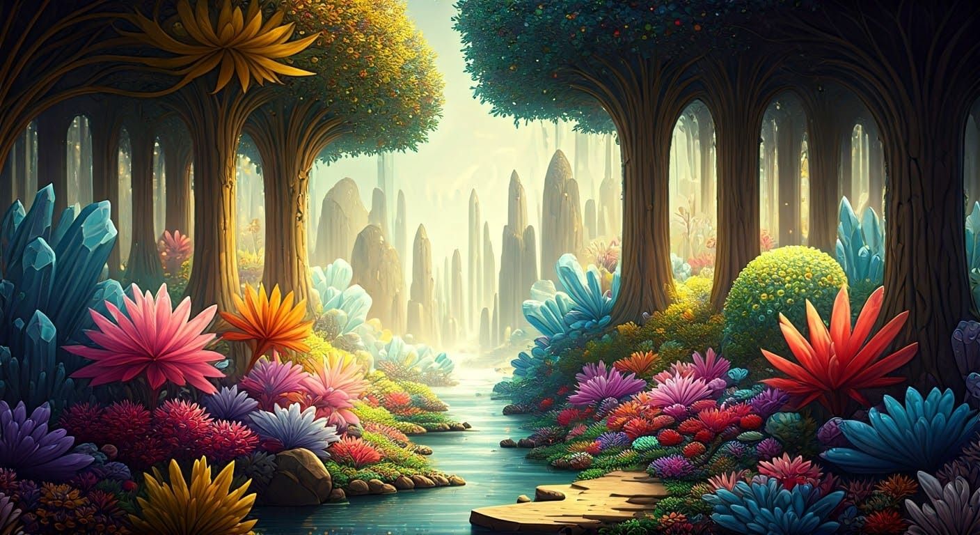 Whimsical Utopia with Iridescent Flora in Impasto Style