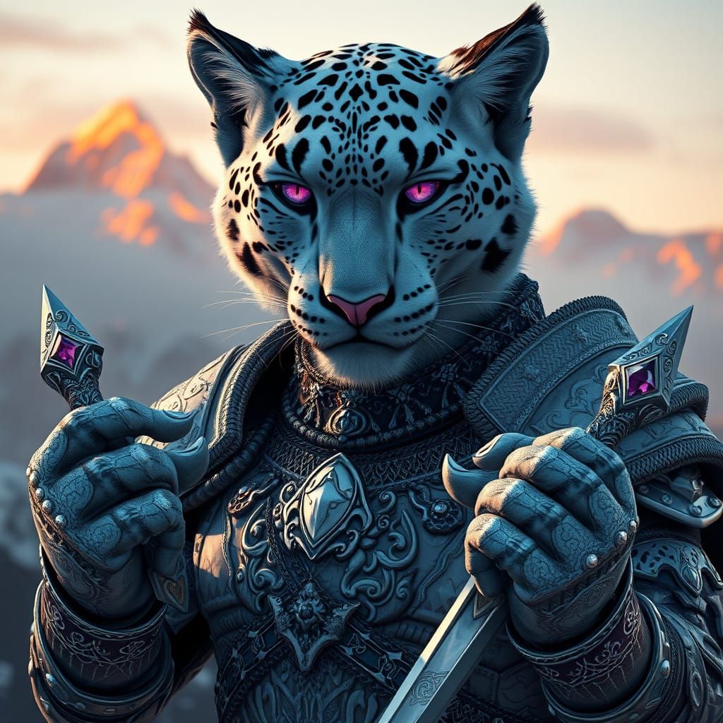 Majestic Snow Leopard Guardian in Frosty Armor