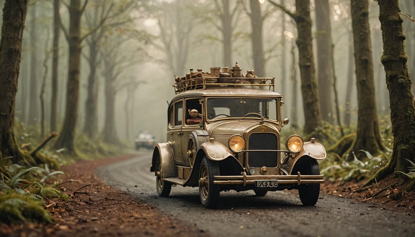 Antique Elven Car in Misty Forest: Cinematic Still