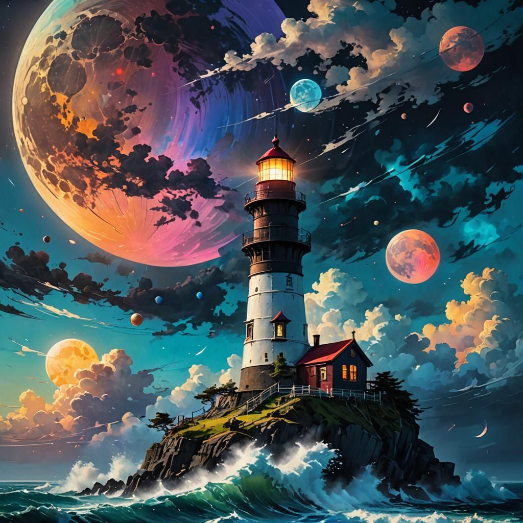 A beautiful lighthouse in the clouds running in motion through the High Epic dark light like hokusai in front of colorfu...
