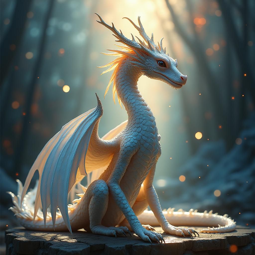 Serene Crystalline Dragon in Sunlight, Holographic Illustrat...
