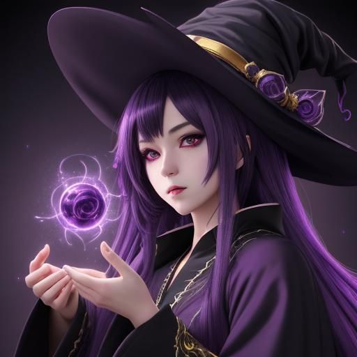 Kawaii Anime Witch in Purple Robes, Detailed Art