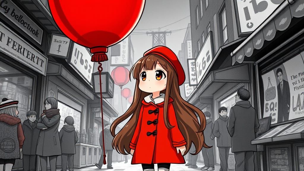 Chibi Girl Gazing at Red Balloon in Anime Style