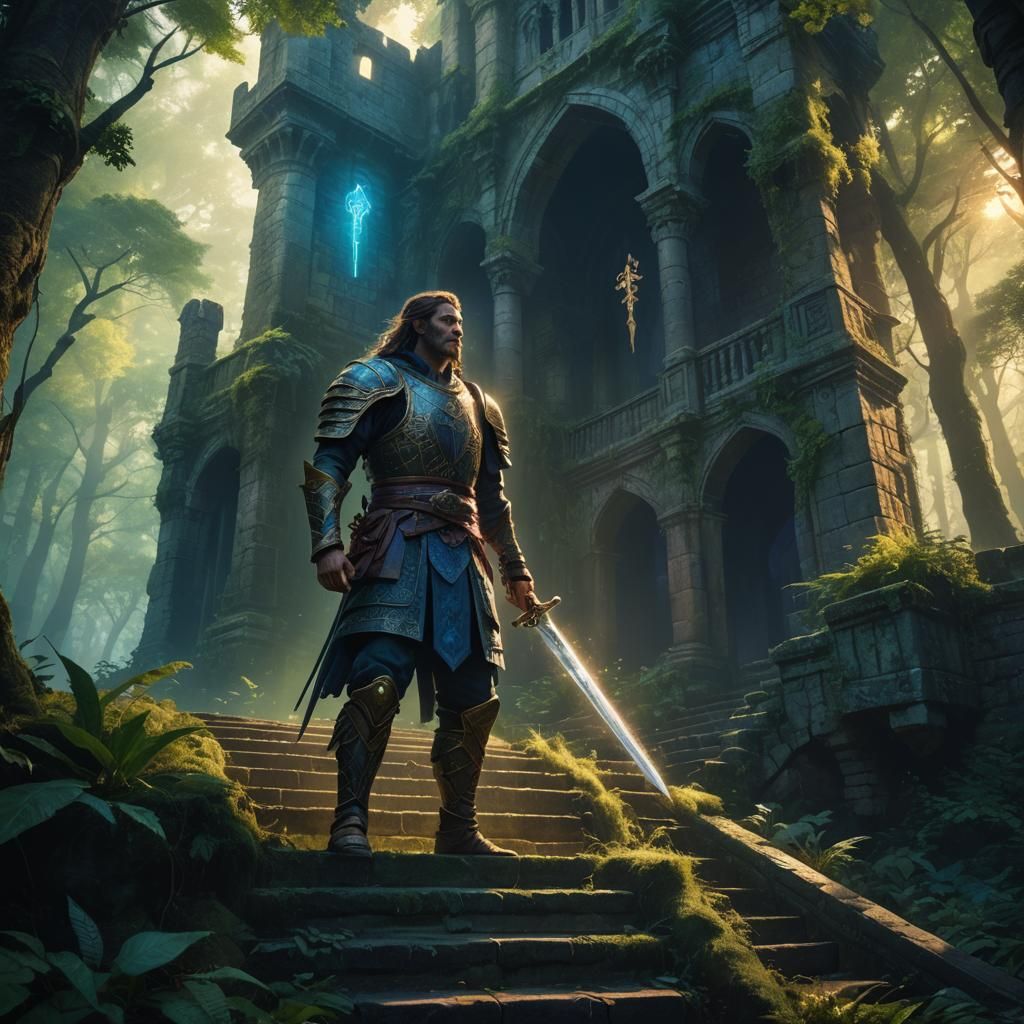 Mystic Warrior Triumphant on Forest Steps
