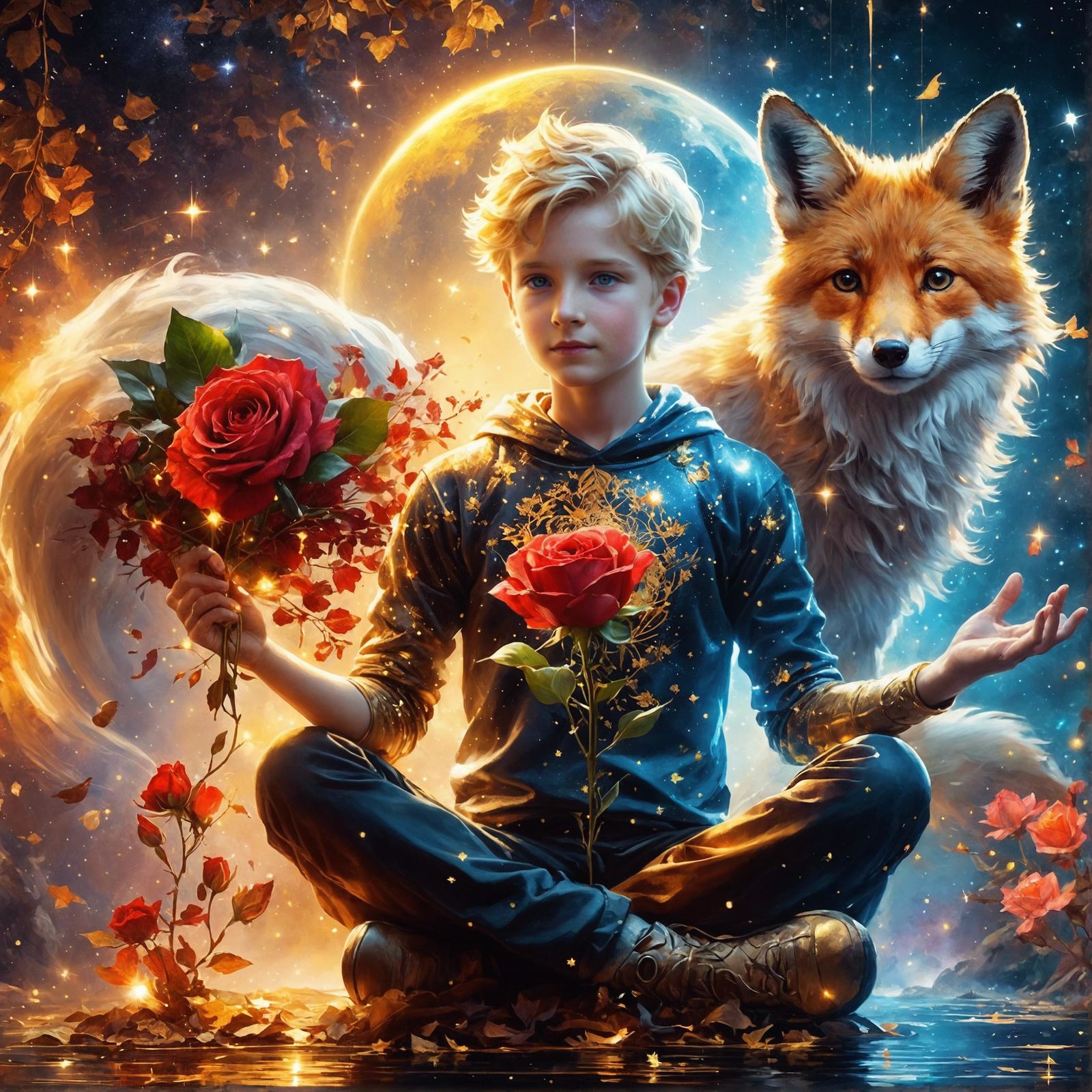 Little Prince with Fox and Bindweed in Hyperrealism