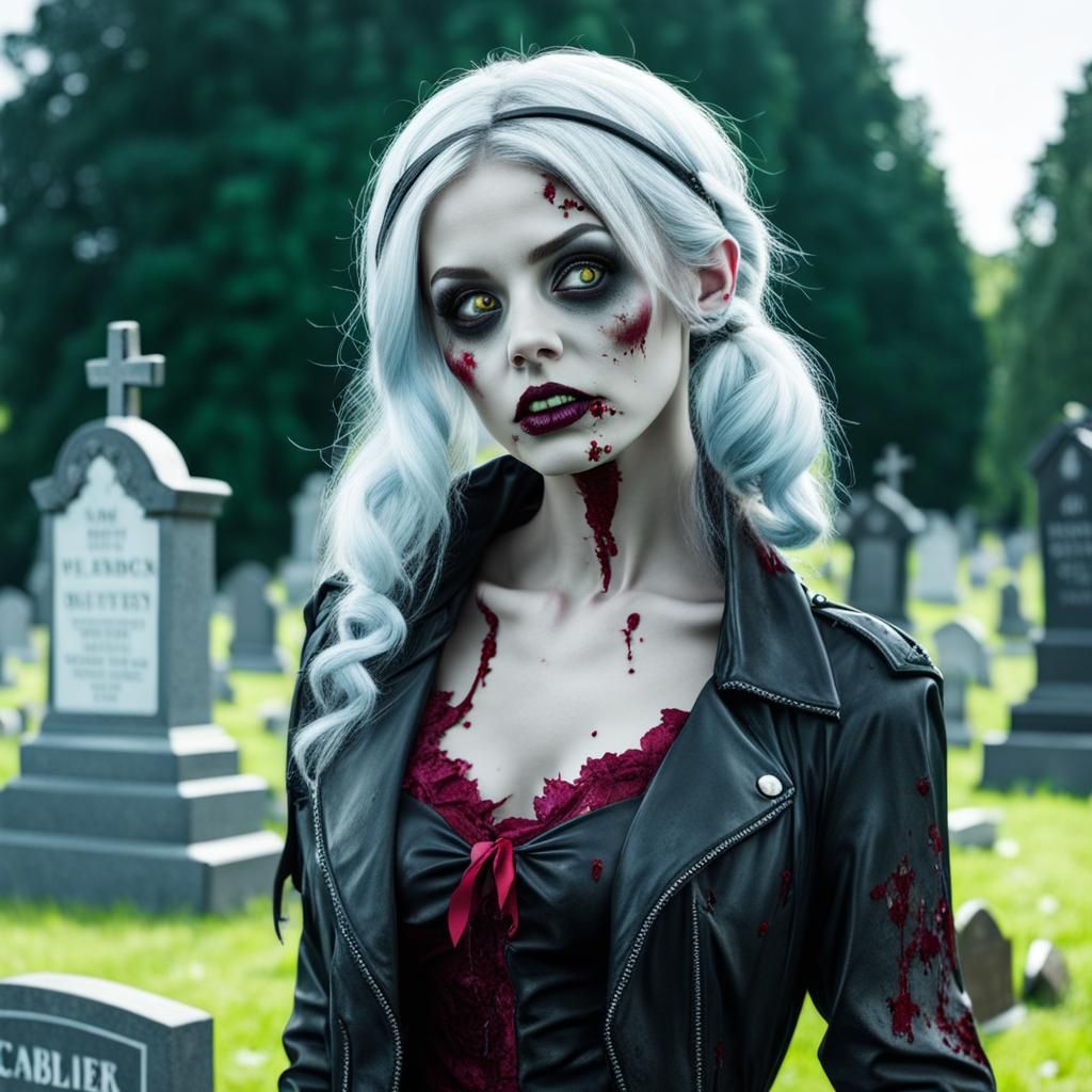 Cute Zombie Girl in Cemetery Scene