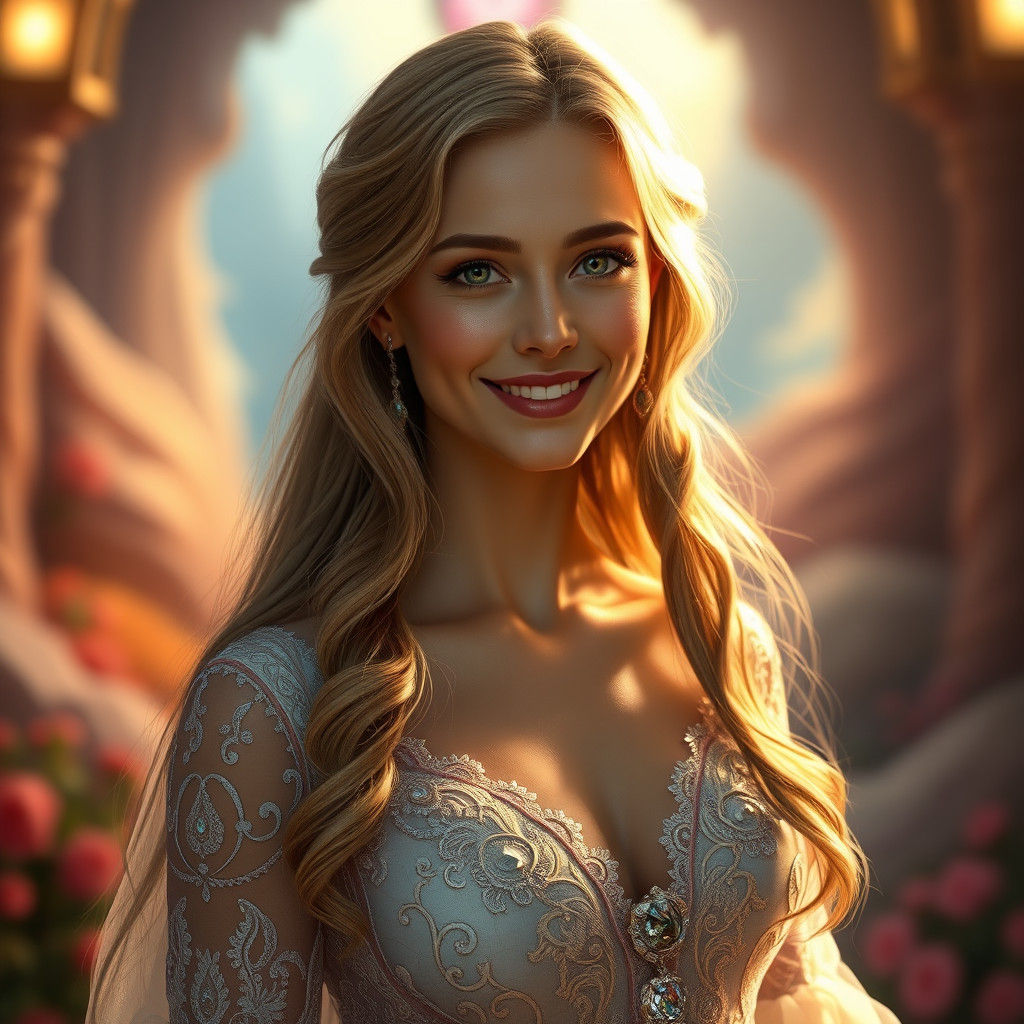 Regal Woman in Embroidered Gown, Hyperrealistic Detail