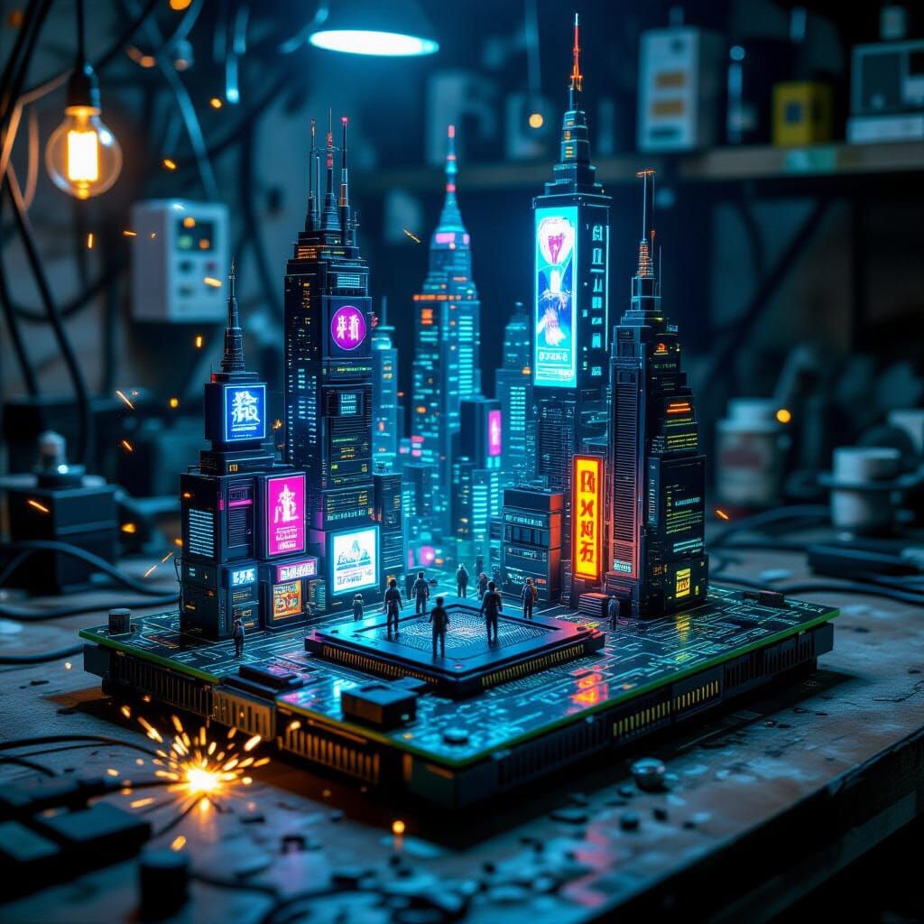 Cyberpunk City Inside a Computer Motherboard
