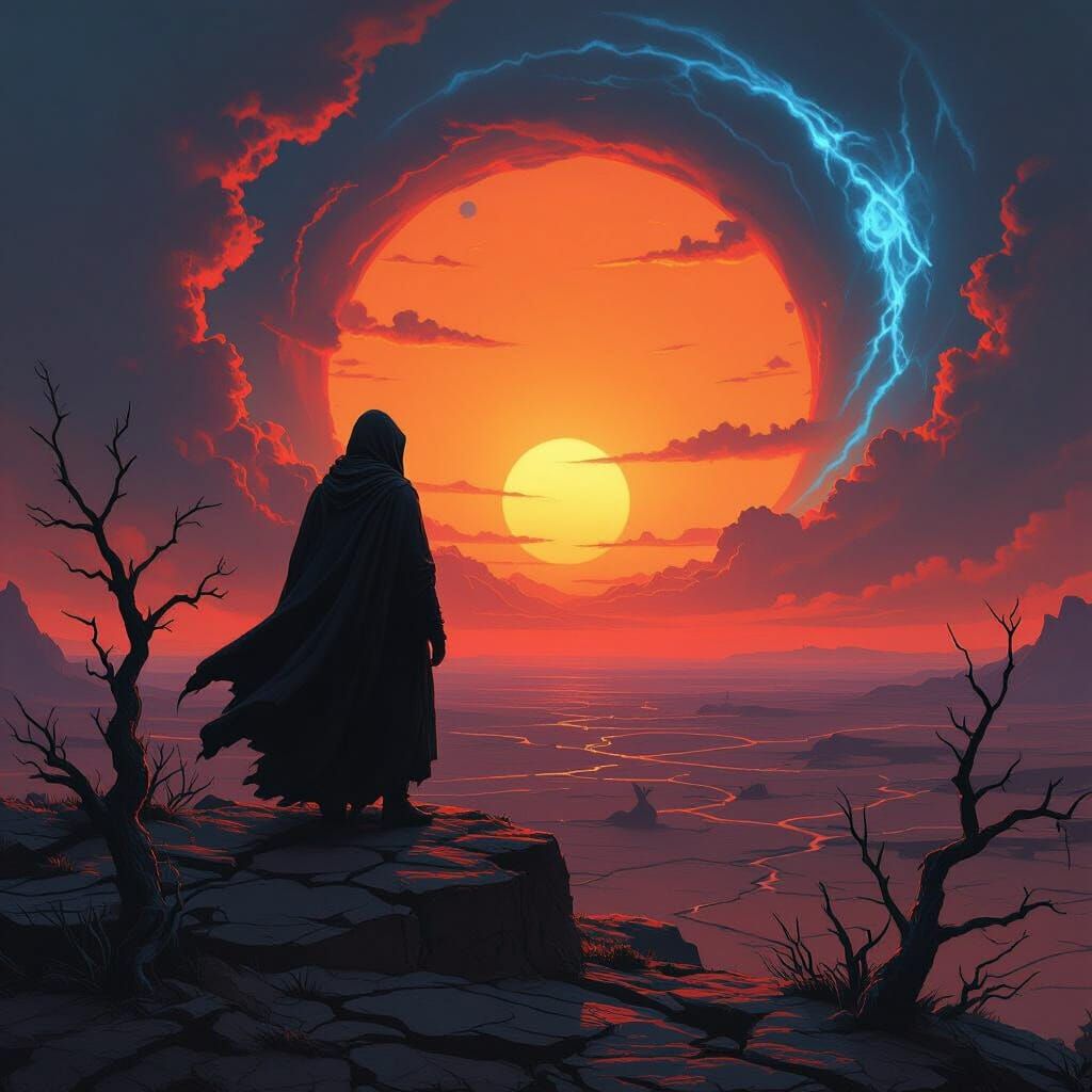 Epic Wasteland Sunset Silhouette, Detailed Digital Art