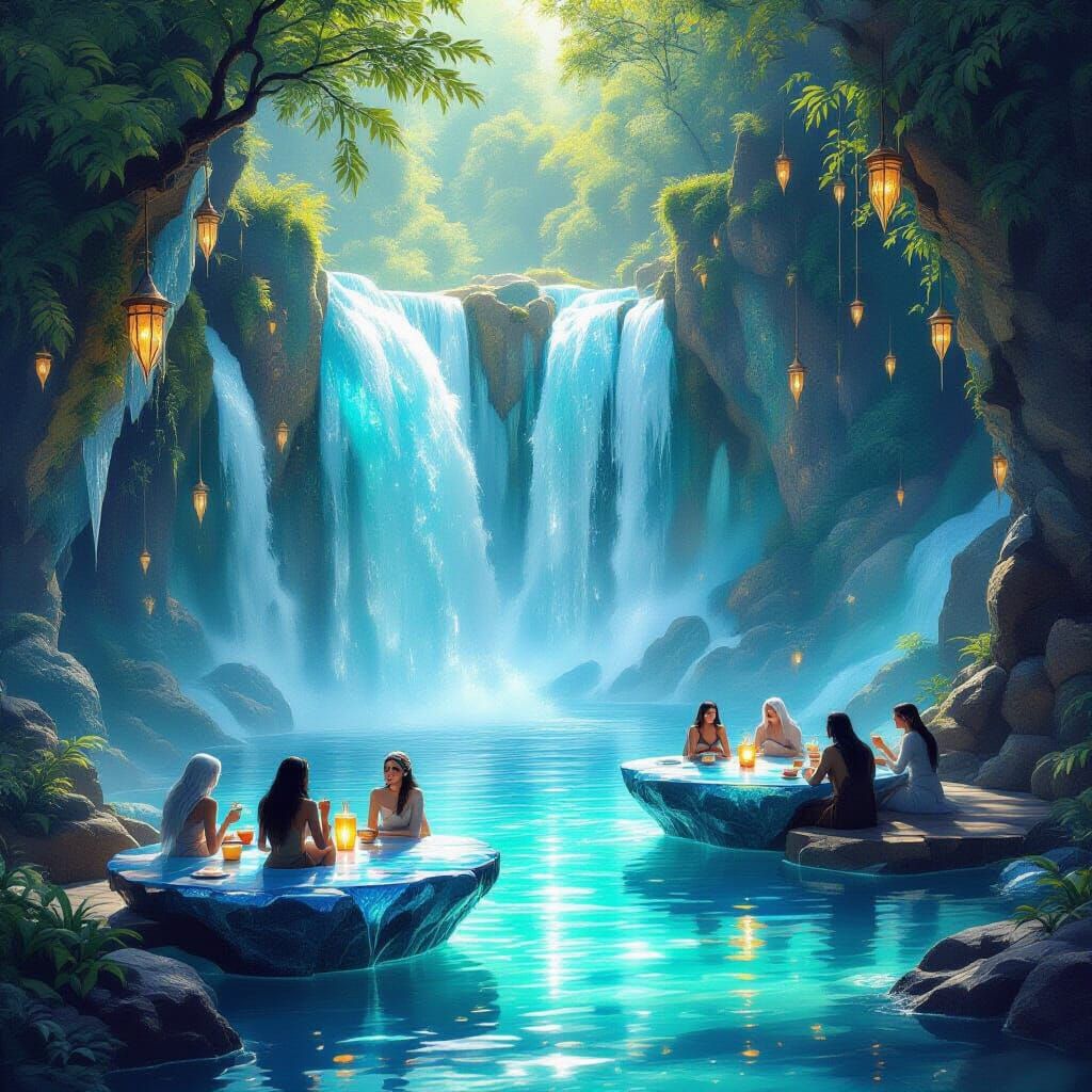 Magical Crystal Waterfall Café with Mythical Patrons