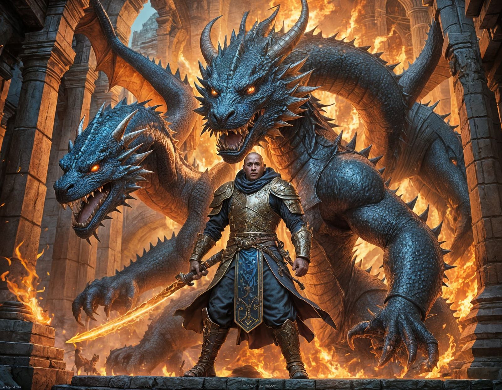 Warrior Monk Versus Dragon Fantasy Art