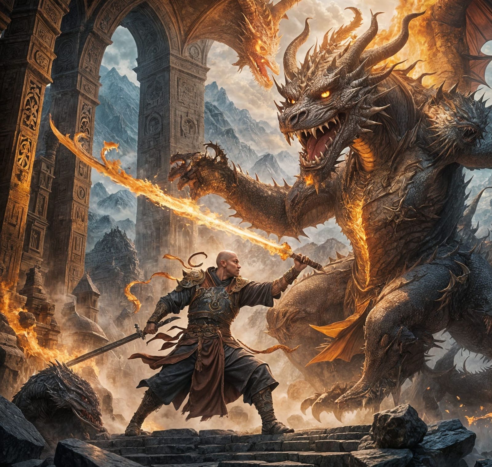 Warrior Monk Battles Dragon in Fantasy Art