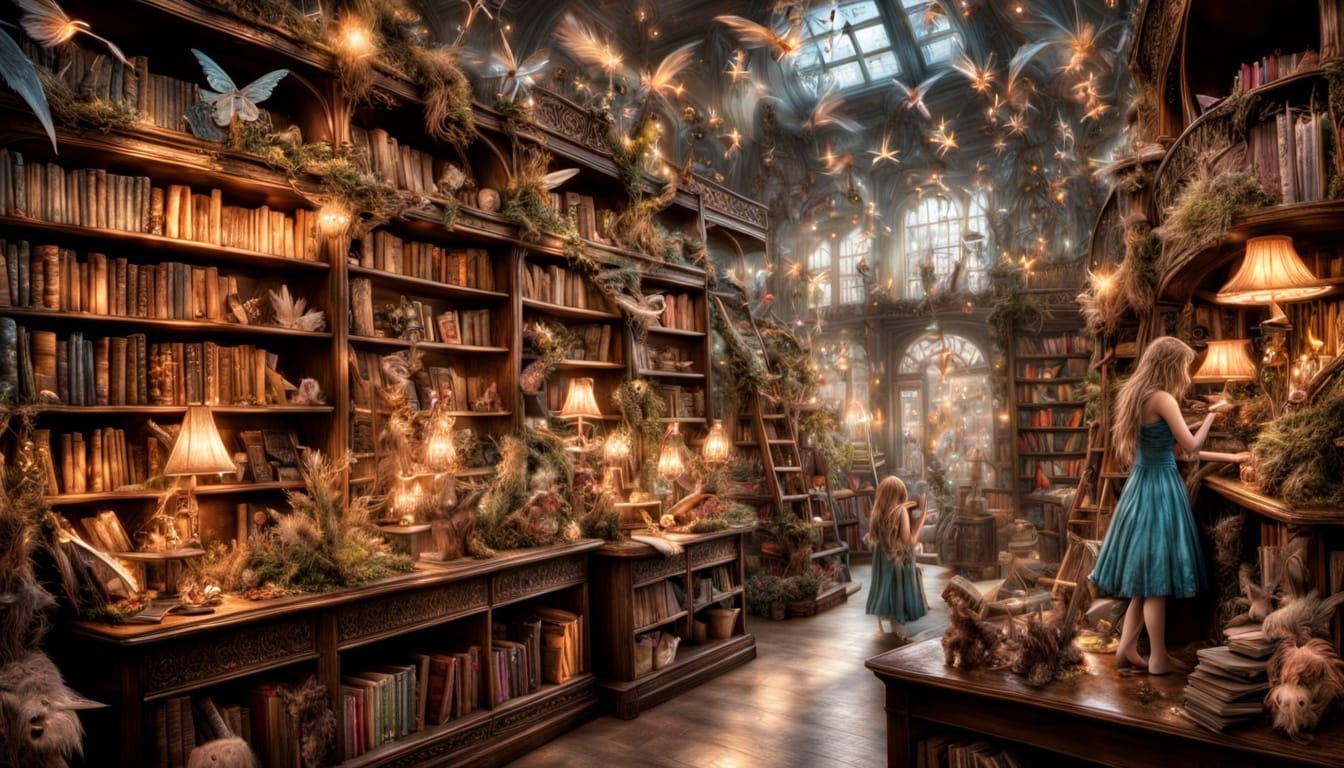 Magical Fairies Dusting Whimsical Bookstore, Fantasy Creatur...