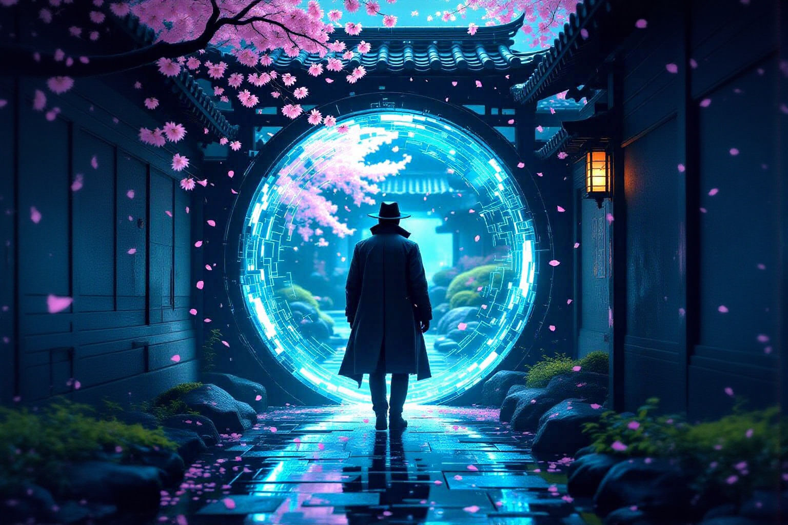 Cyberpunk Detective Emerges from Portal into Zen Garden
