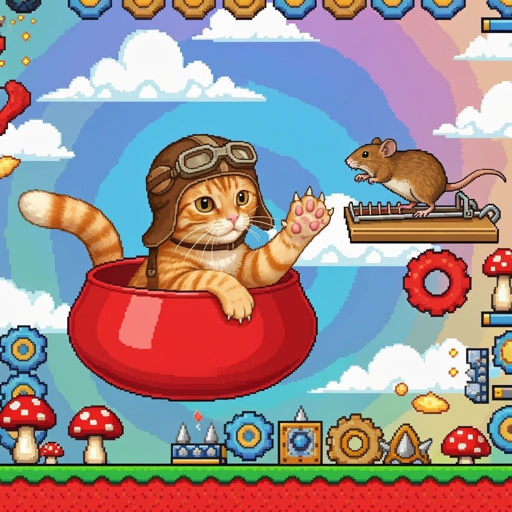 Ginger Cat in Flying Bowl Chases Mouse in Retro Game