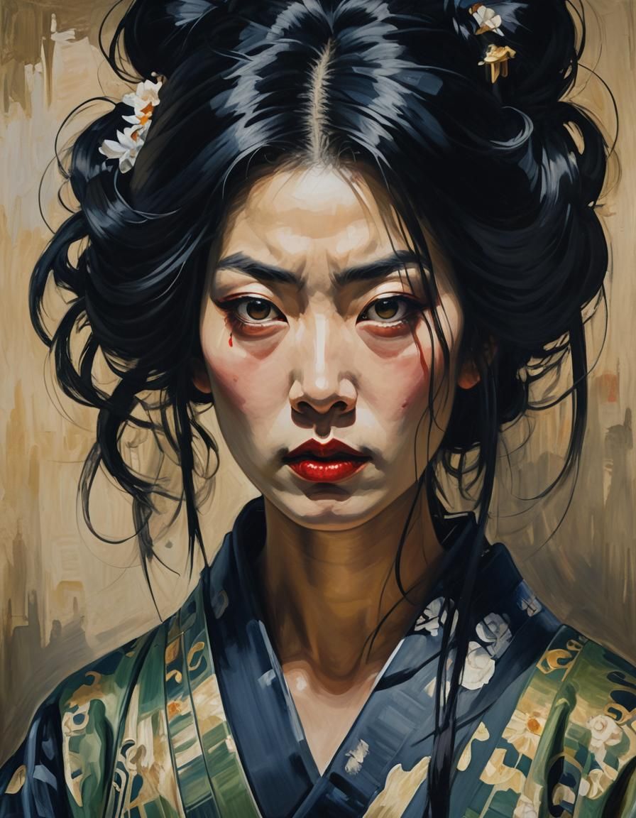 Expressionist Geisha Portrait with Piercing Eyes