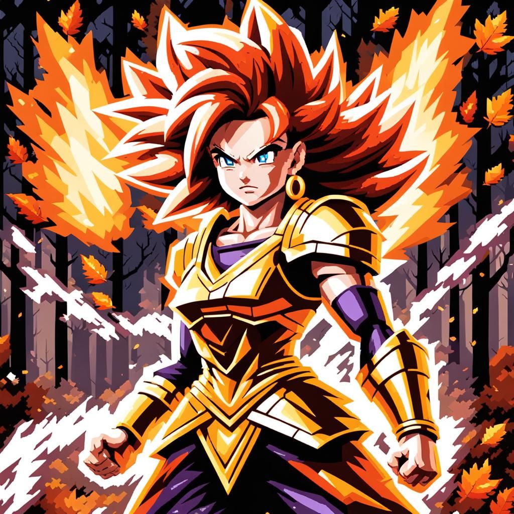 8-bit Super Saiyan Woman in Autumn Forest