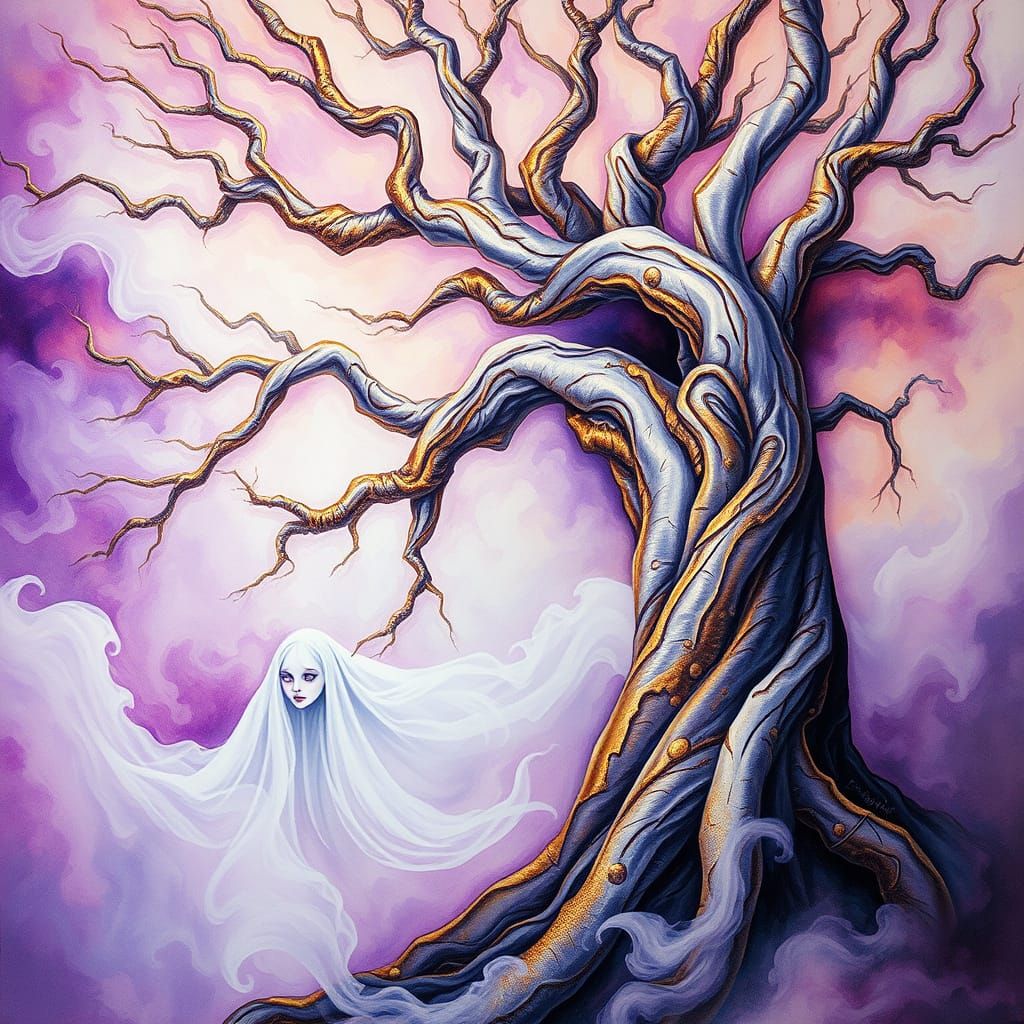 Surrealist Tree in Haunted Forest with Ethereal Woman