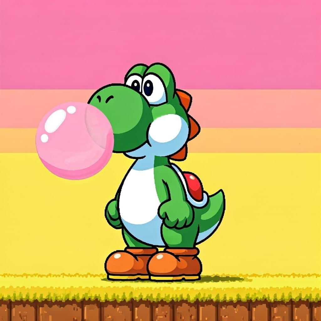Yoshi from Yoshi's Island blowing bubble gum bubble, yellow grass, pink sky, green Yoshi, 8bit video game 2d platformer,...