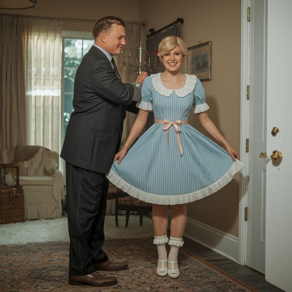 Crossdressing Young Man in Frilly Dress, Assisted by Woman
